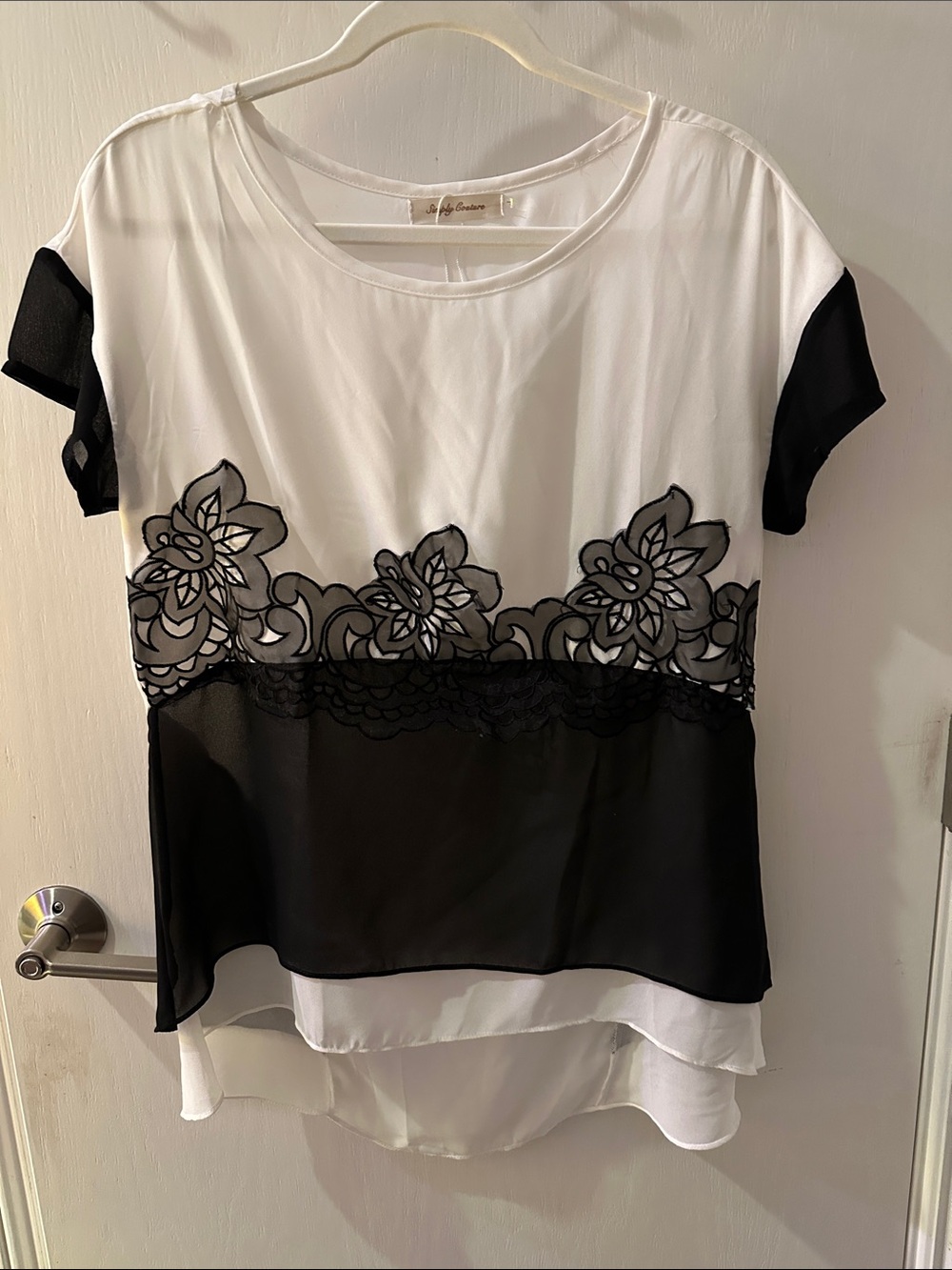 Simply Couture White and Black Floral Lace Trim Layered Blouse